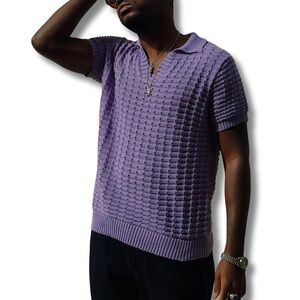 Purple Textured Short Sleeve Polo Sweater Shirt